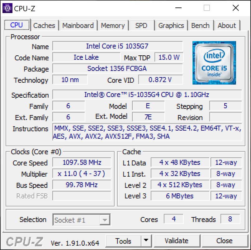 Screenshot CPU-Z laptop Acer Swift 3 SF313-52