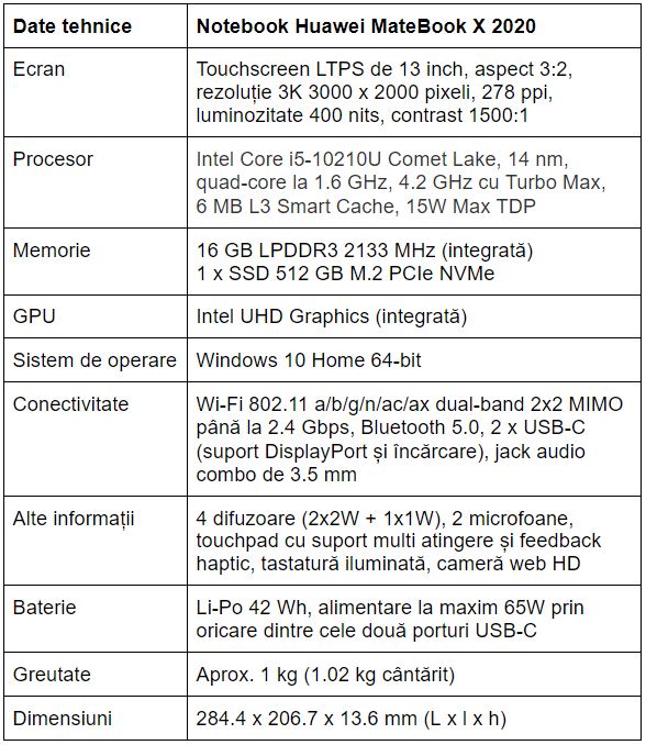Specificatii Huawei MateBook X 2020