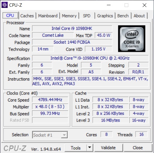 Info CPU-Z MSI GE66 Raider 10SGS