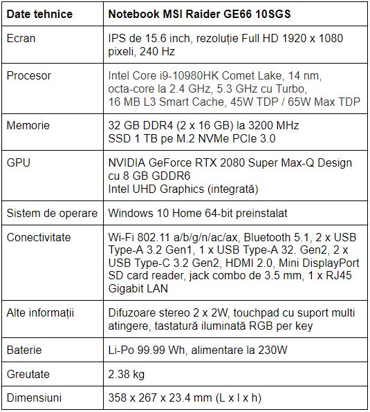 Specificatii notebook gaming MSI GE66 Raider 10SGS
