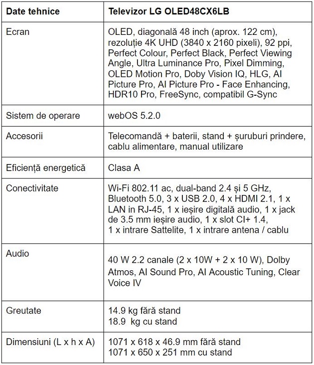 Specificatii televizor LG OLED48CX6LB