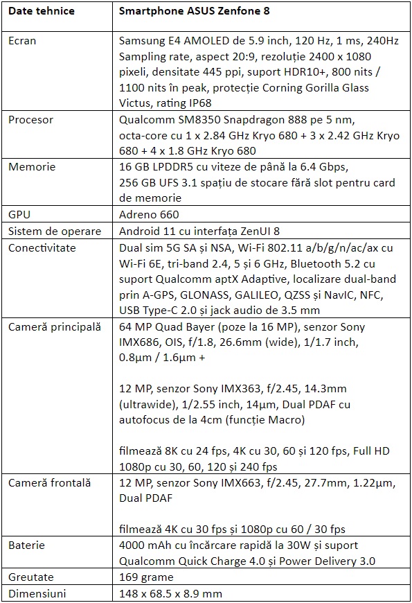 Specificatii ASUS Zenfone 8