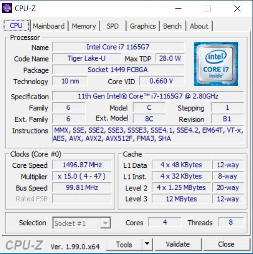 Info CPU-Z laptop kit Intel NUC M15 LAPBC710