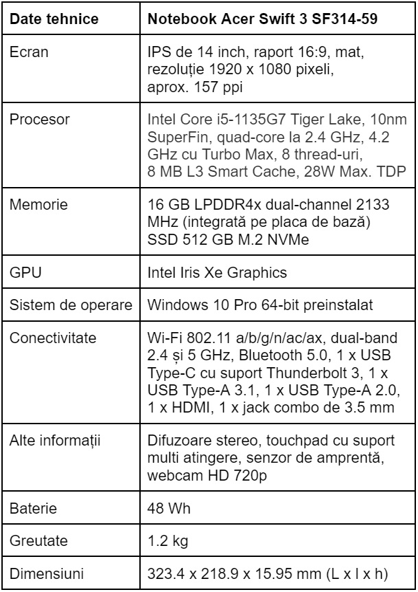 Specificatii laptop Acer Swift 3 SF314-59