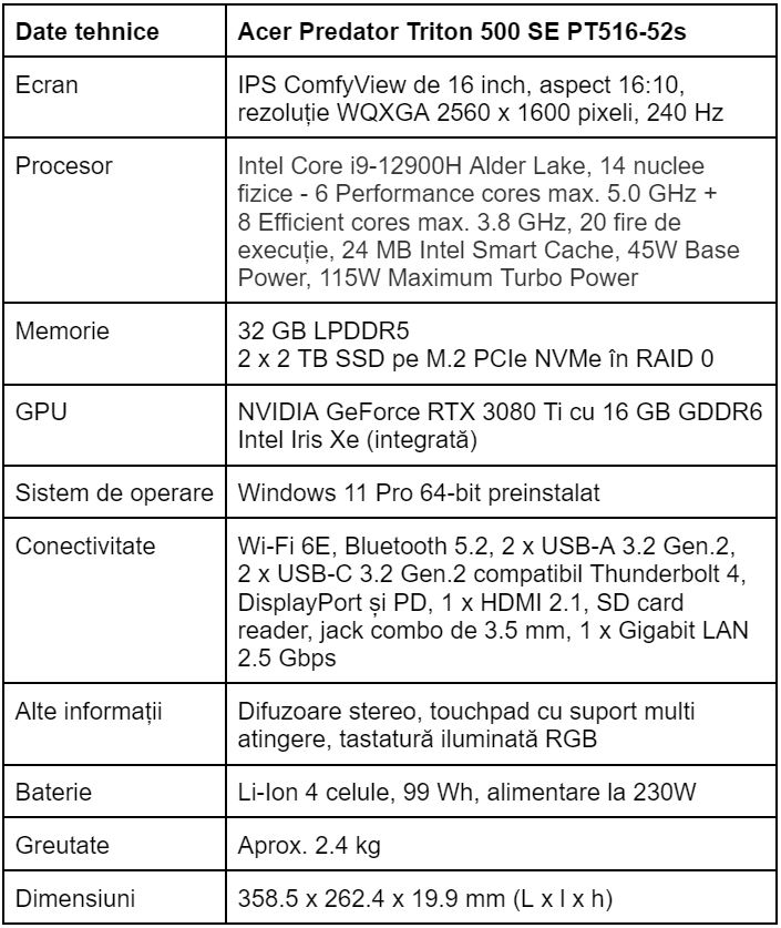 Specificatii notebook Acer Predator Triton 500 SE PT516-52s