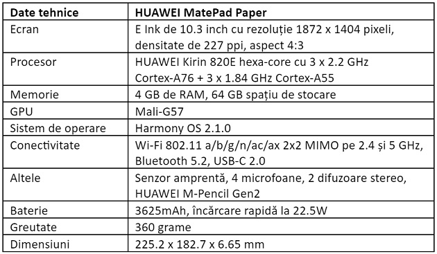 Specificatii HUAWEI MatePad Paper