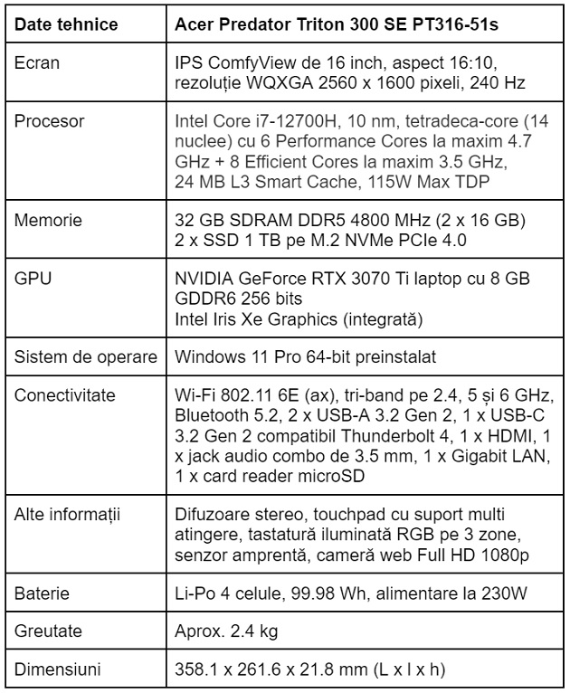 Specificatii Acer Predator Triton 300 SE PT316-51s