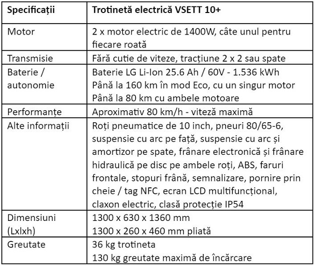 Specificatii trotineta electrica VSETT 10+