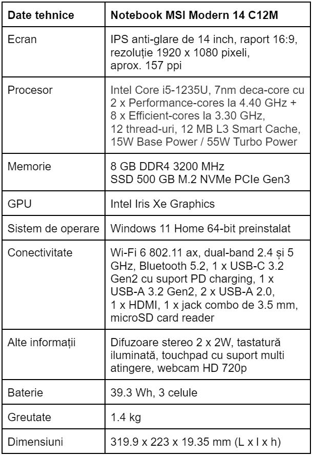 Specificatii notebook MSI Modern 14 C12M