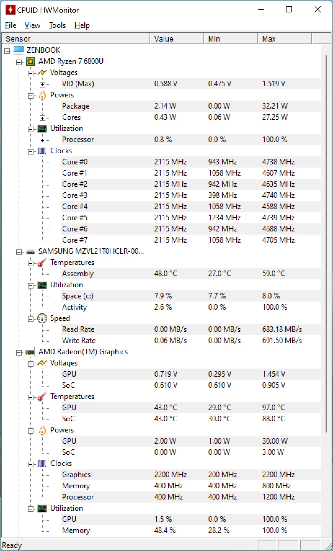 Temperaturi maxime GPU ASUS Zenbook S 13 OLED UM5302T