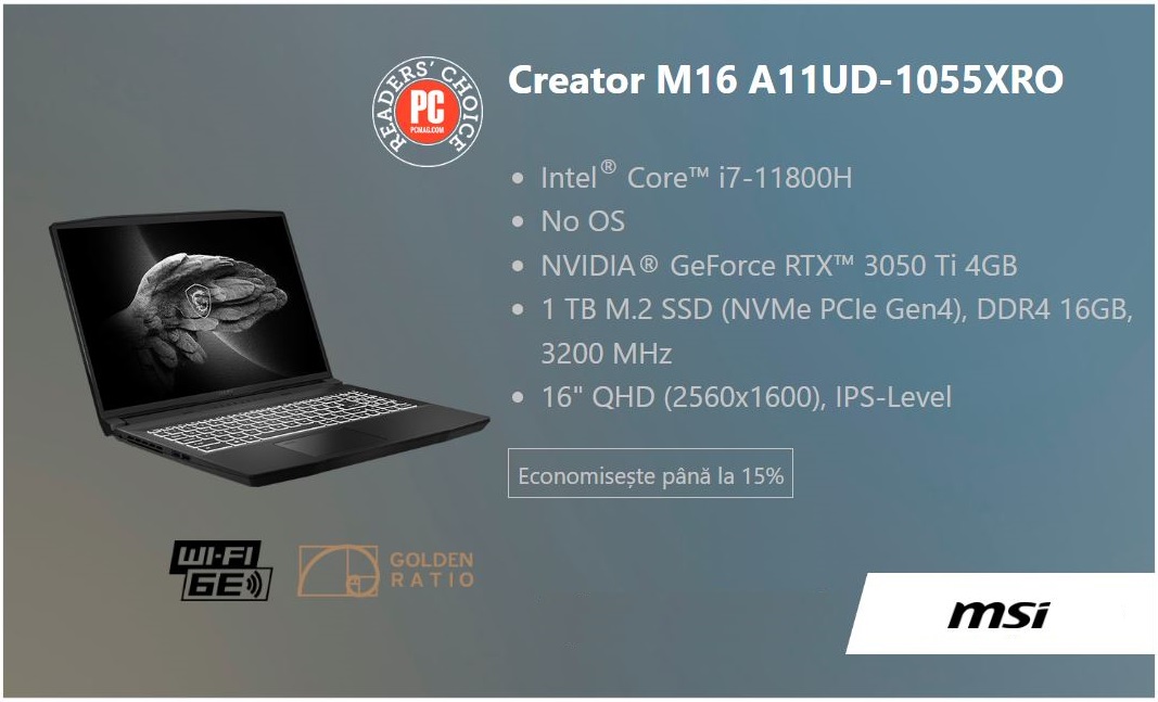 Laptop MSI Creator M16 reducere Black Friday 2022