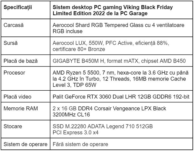 Specificatii desktop PC gaming Viking Black Friday Limited Edition 2022 by PC Garage