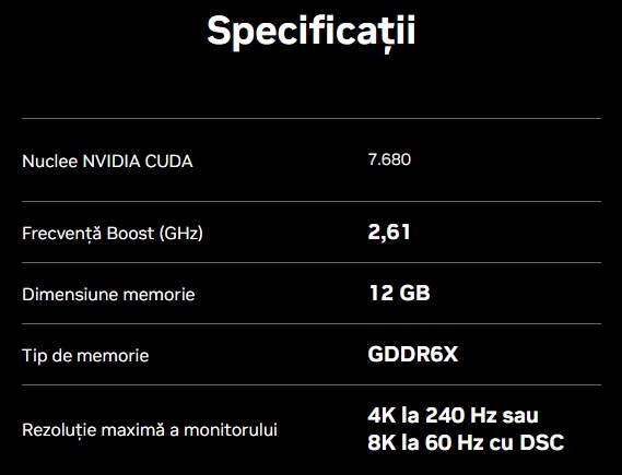 Specificatii placa video NVIDIA GeForce RTX 4070 Ti desktop