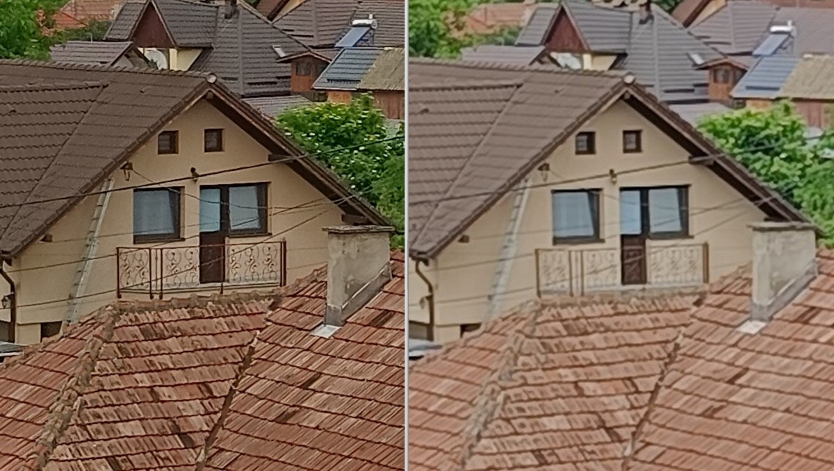 în stânga, poză realizată în modul High Res 200Mpx (crop din versiunea mărită la 100%) iar în dreapta, poza obișnuită, modul Photo, dar mărit la 400% pentru a avea comparația 1:1