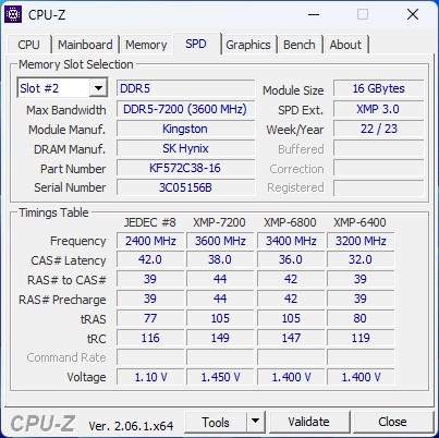 Info CPU-Z Memorie RAM DDR5 7200 MTs Kingston Fury Renegade 2 x 16GB