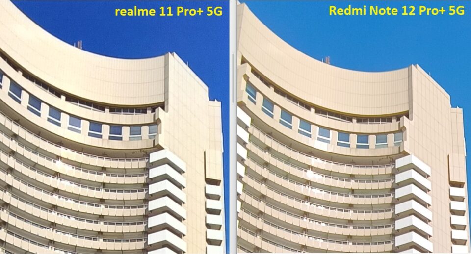 Pe modul UltraWide, datorită senzorilor mai mici, de 8Mpx, apar erori de compresie, zgomot (realme 11 Pro+ 5G în stânga, Redmi Note 12 Pro+ 5G în dreapta)