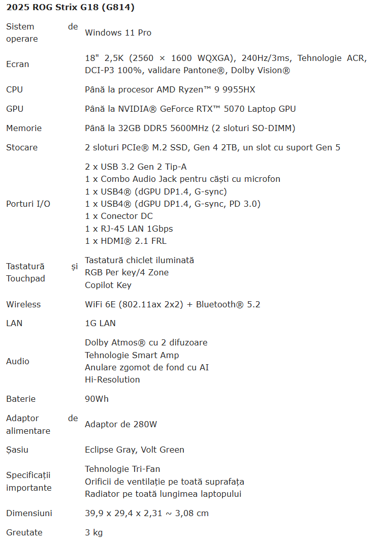 Specificatii ASUS ROG Strix G18 G814