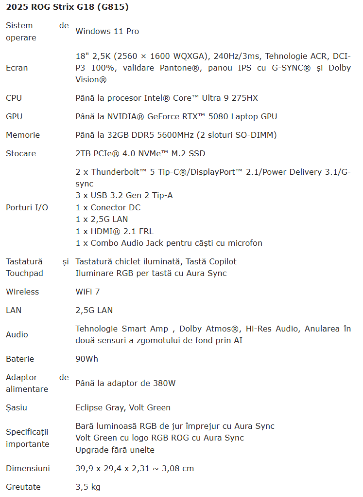 Specificatii ASUS ROG Strix G18 G815