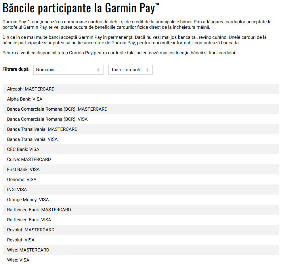 Bancile participante Garmin Pay in Romania