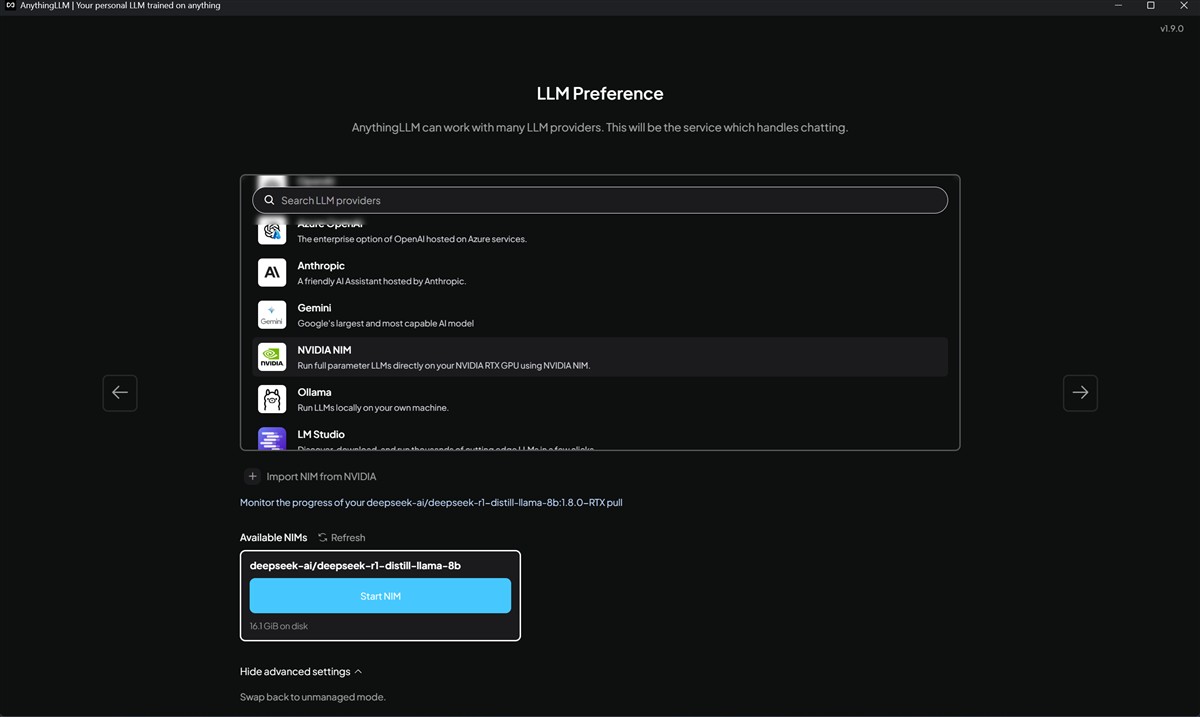 AnythingLLM cu NVIDIA NIM pe laptop cu NVIDIA GeForce RTX 5080