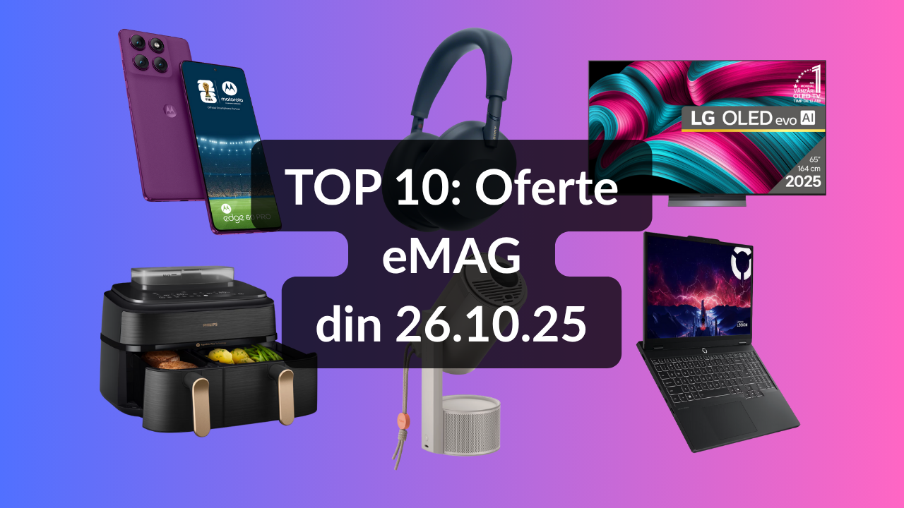 TOP 10: Oferte eMAG din 26.10.25 (cel mai bun televizor LG OLED pe diagonala de 164 cm ca raport preț / specificații, laptop best-buy cu RTX 5060, telefon cu baterie de 6000 mAh și culoare interesantă