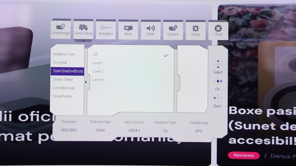Meniu OSD Monitor curbat de gaming QD-OLED Philips Evnia 34M2C6500