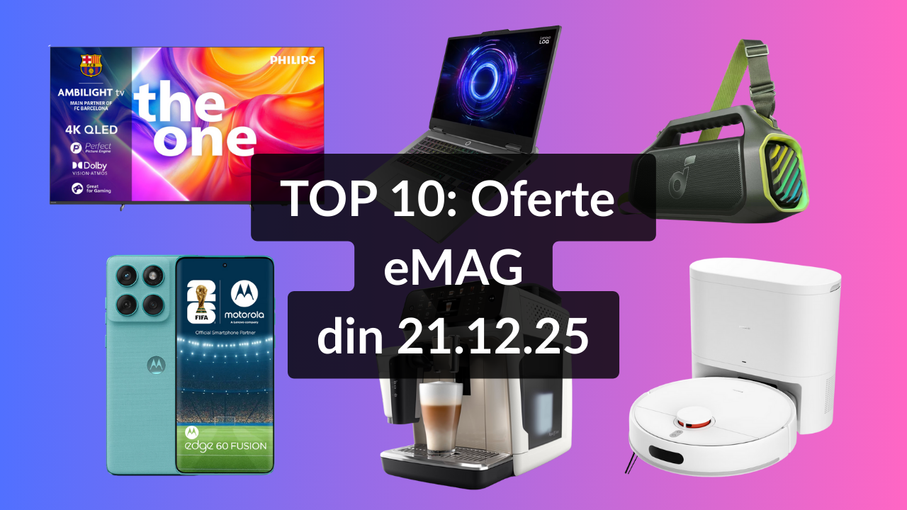 TOP 10: Oferte eMAG din 21.12.25 (televizor QLED Philips cu diagonala de 215 cm și reducere de 20%, laptop de gaming cu grafică NVIDIA GeForce RTX 5060 la preț atractiv, cel mai bine evaluat smartphon