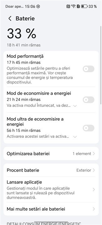 Imagine cu setări de baterie pe telefon, evidențiind modurile de economisire a energiei și optimizări.