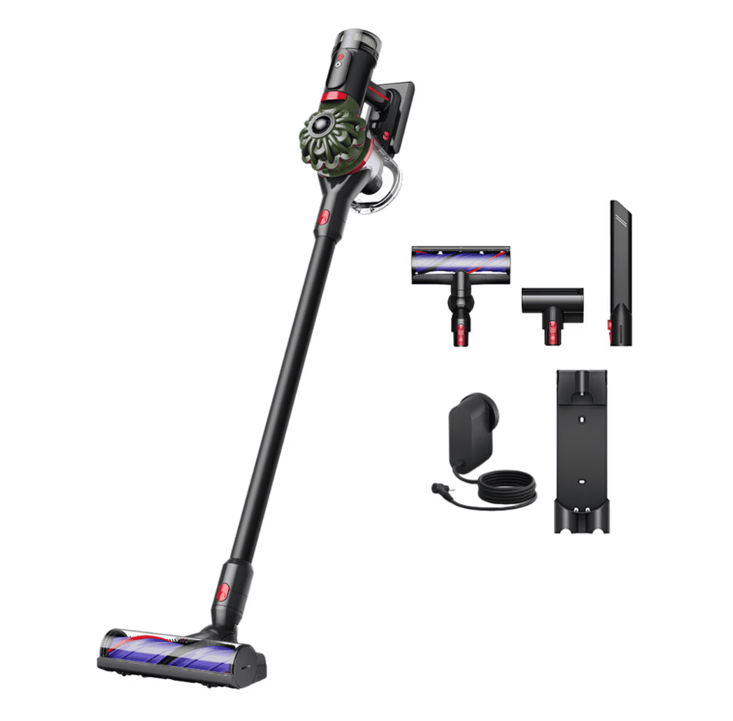 Aspirator Dyson V15 Detect cu accesorii pentru curățare intensivă, design modern, tehnologie avansată.