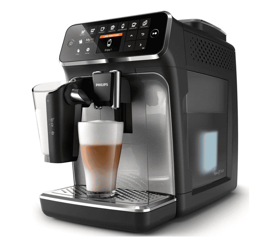 Mașină de cafea Philips cu ecran digital pentru preparare rapidă și precisă a băuturilor.