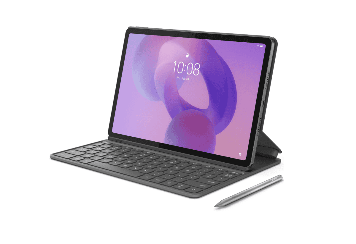 Ecran tableta cu tastatură și stilou, gadget high-tech pentru muncă și entertainment.