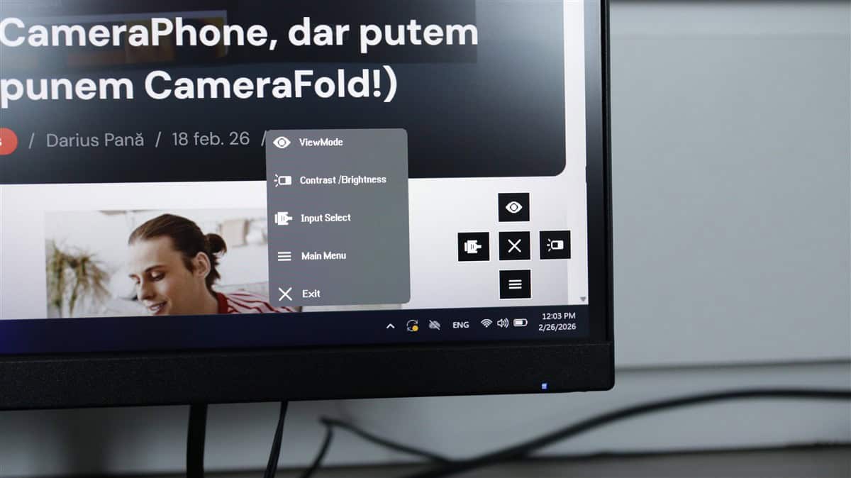 Ecran de monitorizare cu meniuri de setări pentru CameraPhone.