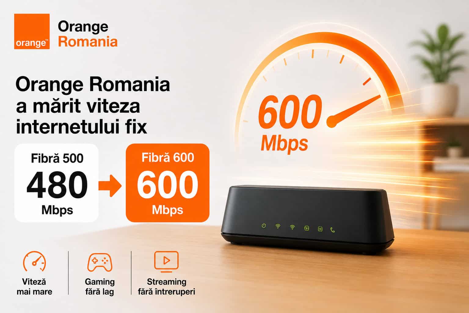Orange România oferă upgrade gratuit la Fibră 600 (toţi cei cu abonament de internet fix Fibră 500 primesc viteze mai mari)