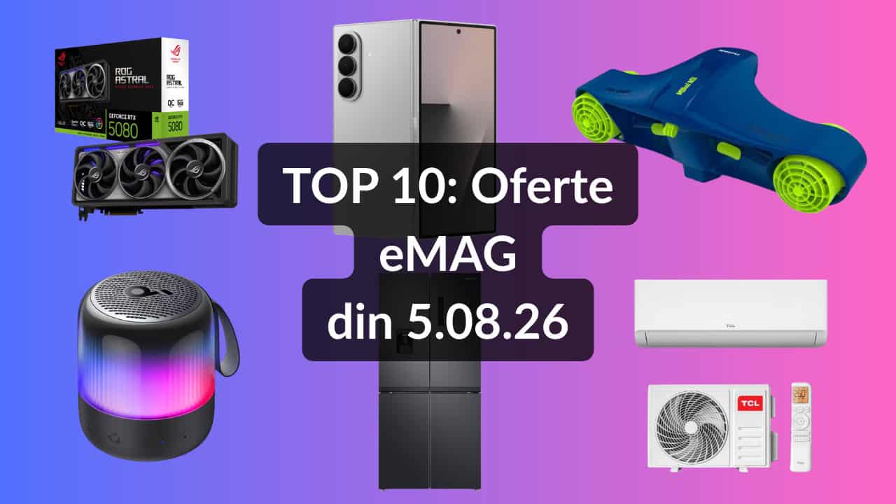 TOP 10: Oferte eMAG din 5.08.26 (desktop PC de tip best-buy de la Lenovo, scuter subacvatic cu reducere de 40%, laptop de top de la ASUS cu NVIDIA GeForce RTX 5080 și panel Mini LED de 16 inci etc)