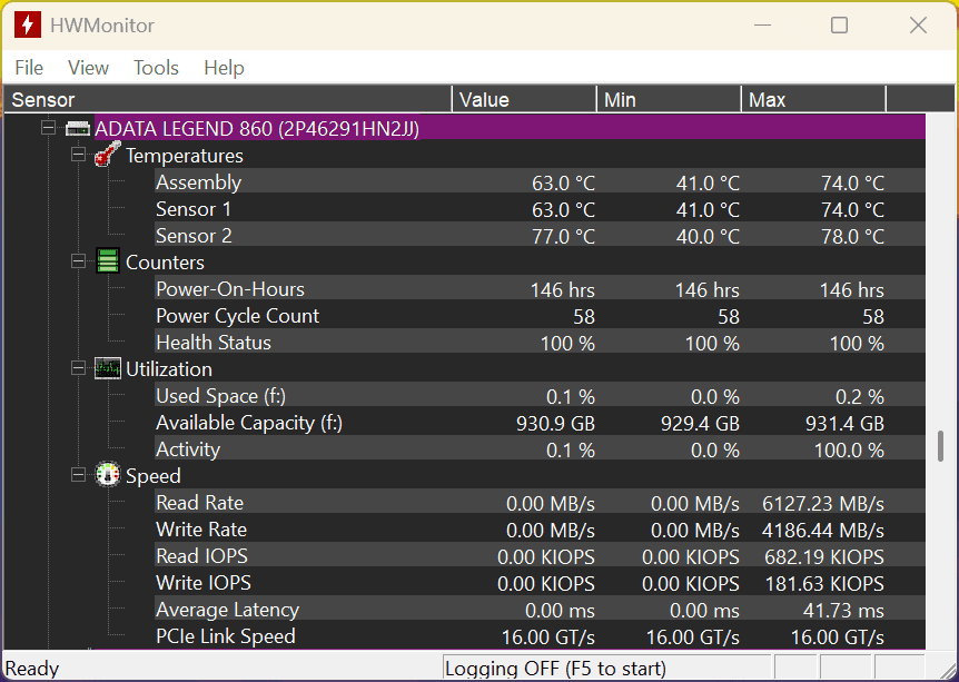 Info HWMonitor SSD ADATA Legend 860 1TB